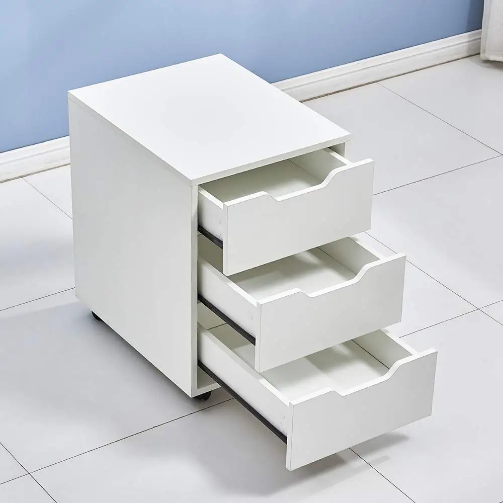 White Wood Mobile File Cabinet with 3 Storage Drawers Under Desk