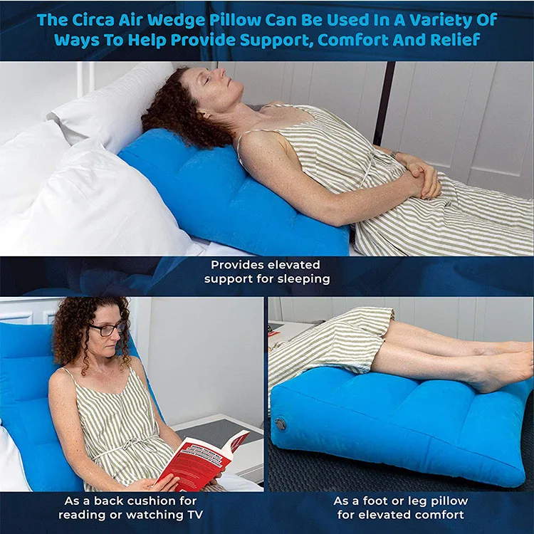 Inflatable Portable Bed Wedge Pillow with Velour Surface for Sleeping, Trip Vacation, Horizontal Indentation Prevent Sliding