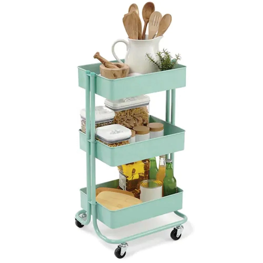 Metal stainless steel rolling storage organizer kitchen hand push  food utility trolley cart for 3 shelves