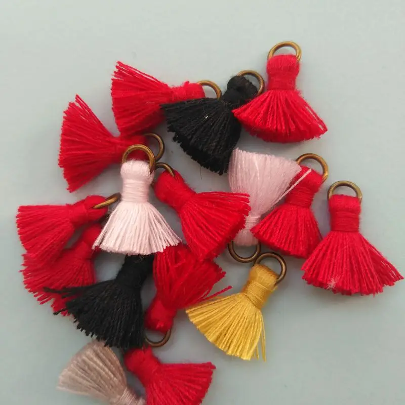 NANA high quality more than 700 colors 1.5cm mini cotton tassels with bronze ring for jewelry , tassel cotton