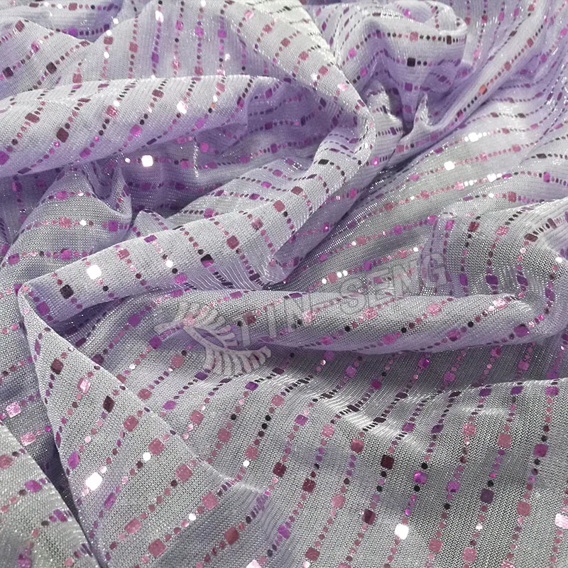 Lavender Moonlight Fabric with Sequin Spangle Lines , Purple Metallic Polyester Knitted Fabric for Dress