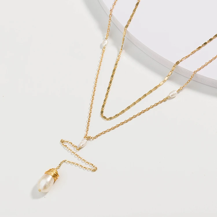 Elegant Long Gold Layered Wire Wrapped Baroque Pearl Choker Necklace