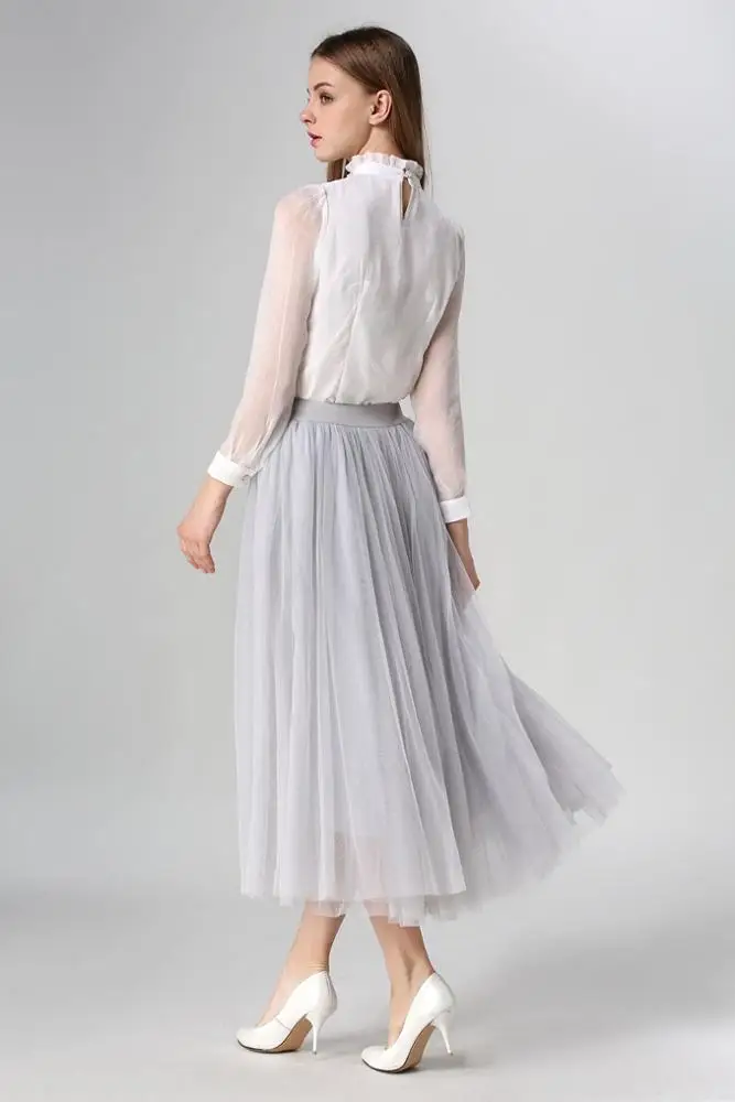Fashion Ladies Stylish Elastic High Waisted Pleated A-line Mid-calf Tulle skirts