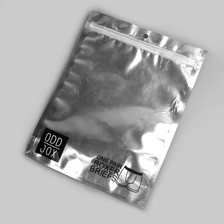 Customized underwear packaging with printed design on plastic bag closure with logo