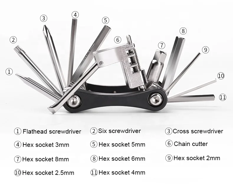 Оптовая продажа, портативный многофункциональный инструмент для ремонта велосипедов, 11 в 1