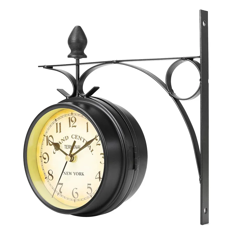 Garden Vintage Retro Home Decor Metal Frame Glass Dial Cover Charminer Double Sided Wall Mount Station Clock