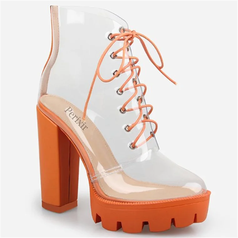 Ladies sexy transparent PVC boots chunky heel ankle shoes for women