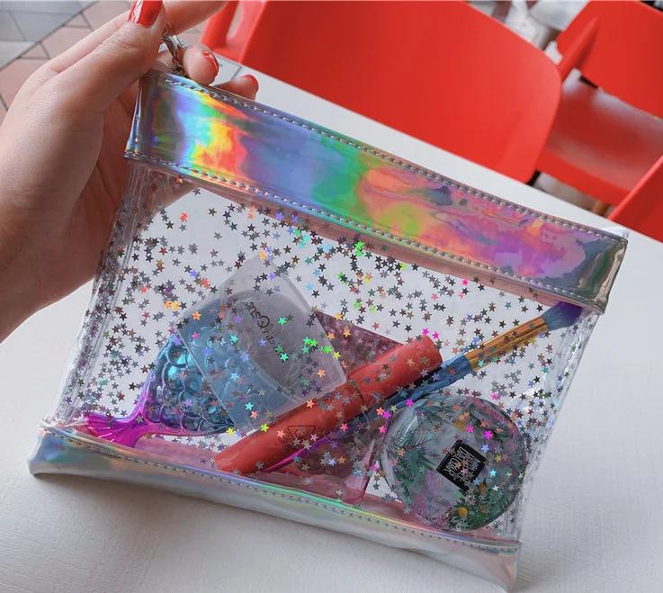 Girls Fashion Waterproof Makeup Bag Paillette Glitter Move Stars Clutch with Zipper Closure Transparent PVC Plastic Logo Pattern