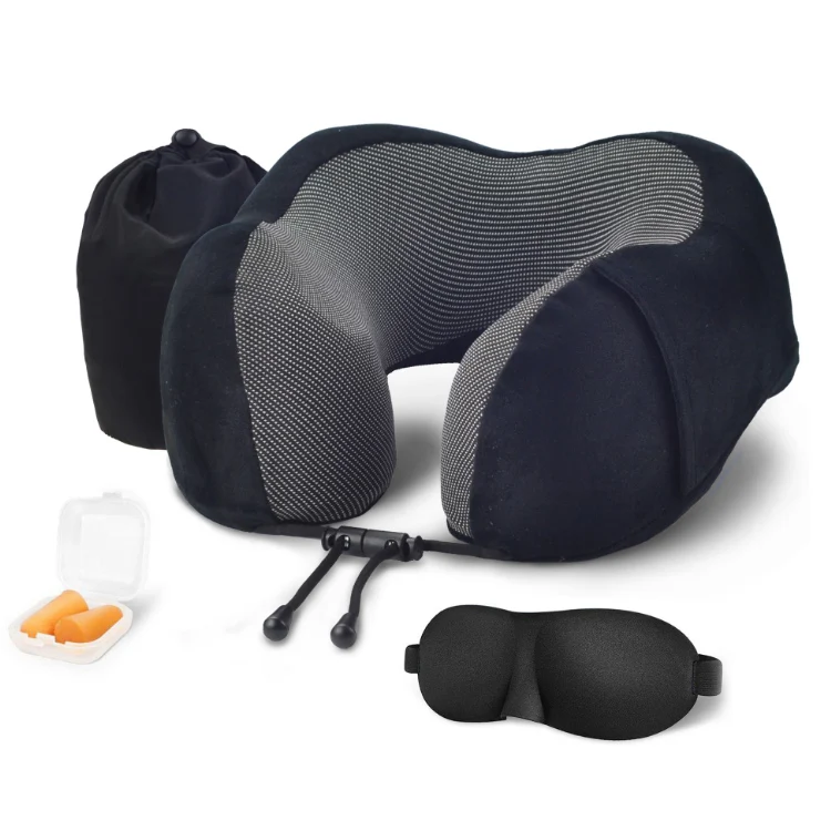 U shape side pocket design memory foam travel pillow with eye mask and ear plugs