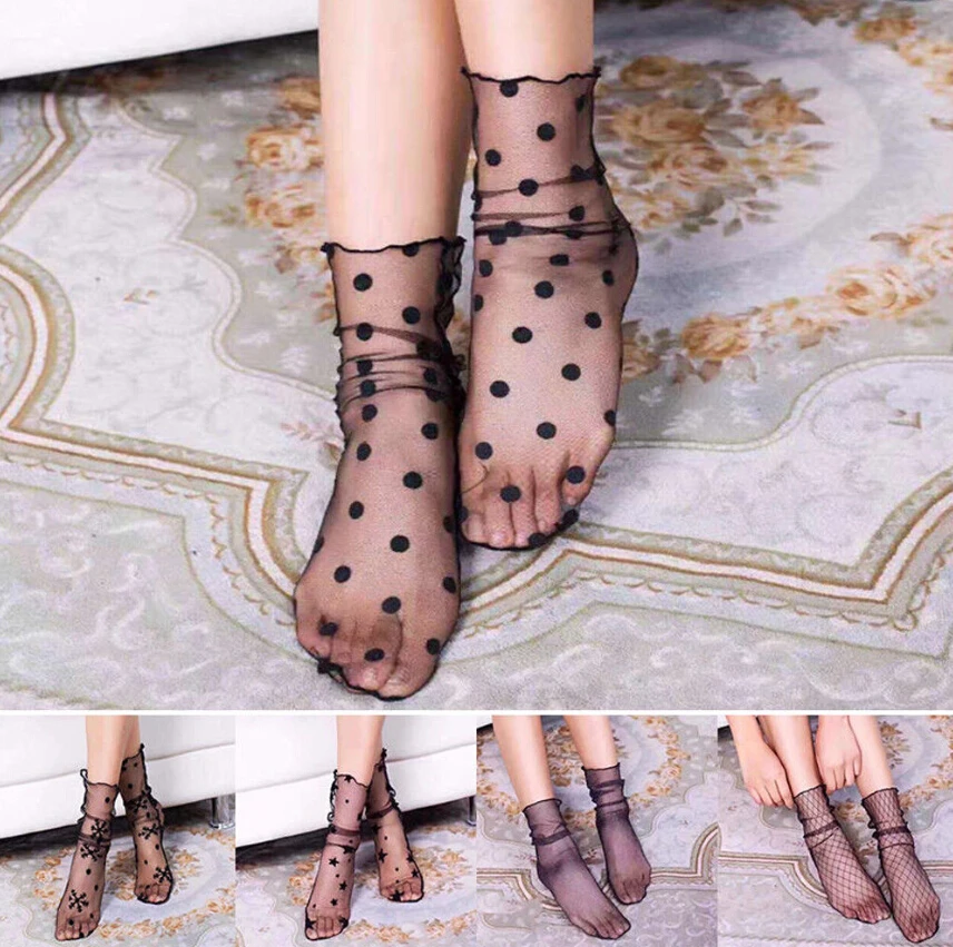 NEW Arrivals Women Lace Ruffle Black Ankle Socks Elastic Ultrathin Sheer Short Mesh Socks