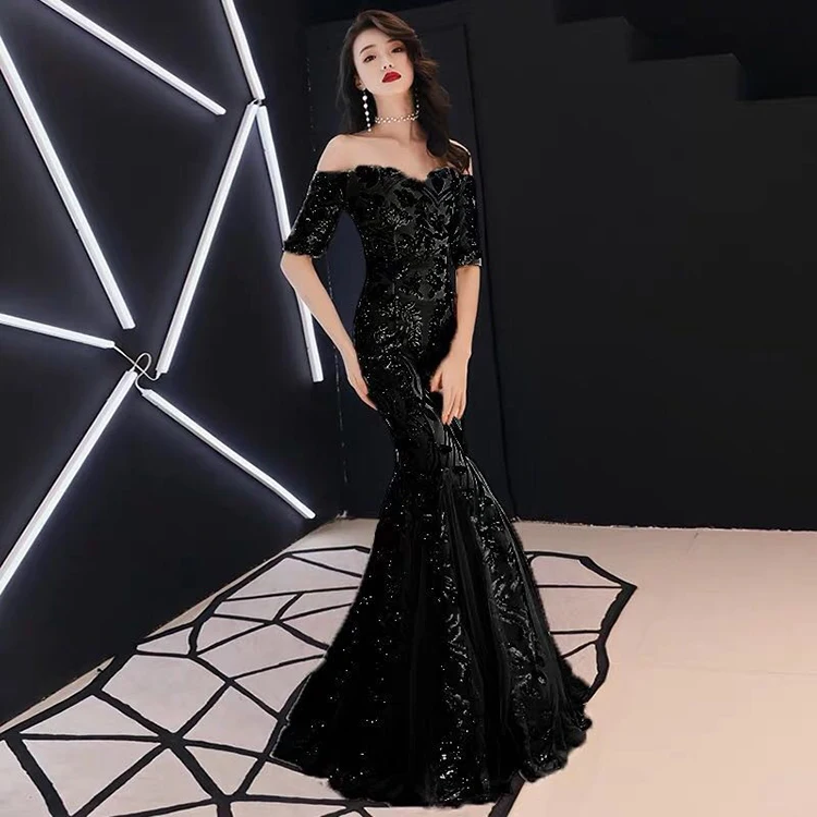 16036#2019 New Sequined Mermaid Evening Dresses Long Sleeve Arabic Formal Prom Gowns ladies laces dress for beauty contest