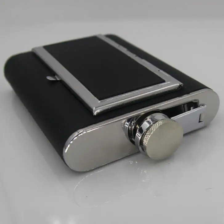 Leak-proof 6ounce Stainless Steel Hip Flask with Cigarette Case and Leather Wrapped Cover with Funnel