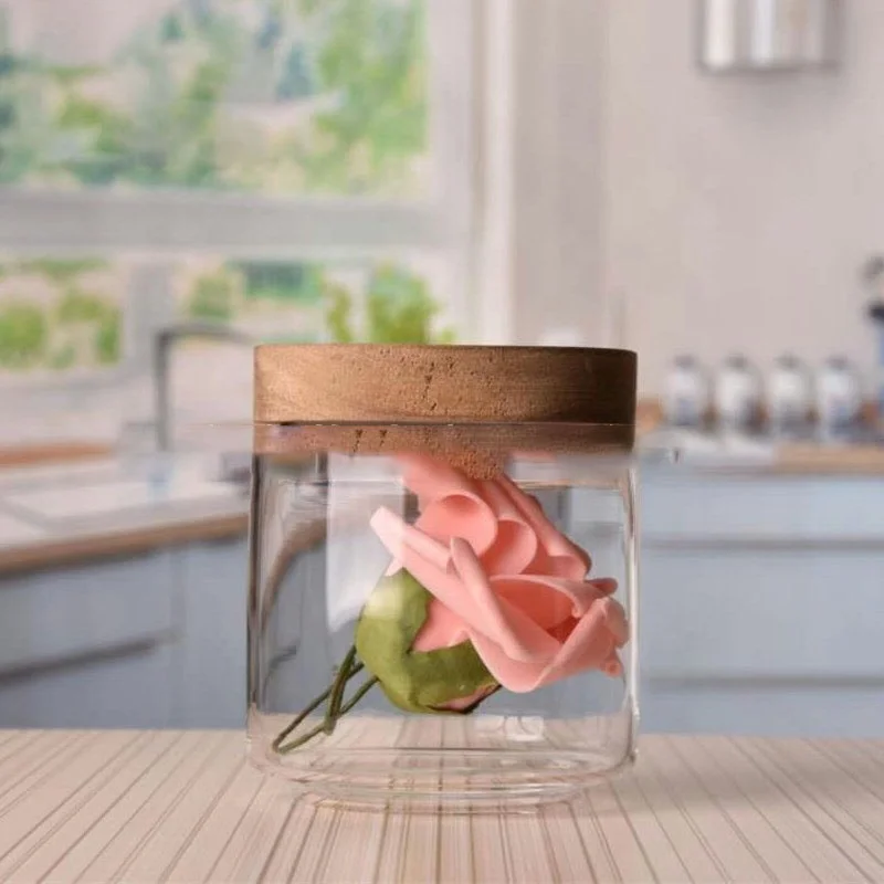 New Design 250ml Glass Jar with Sealed Acacia Wood Lid Food Container for Tea Honey Spice Grain Storage in Kitchen