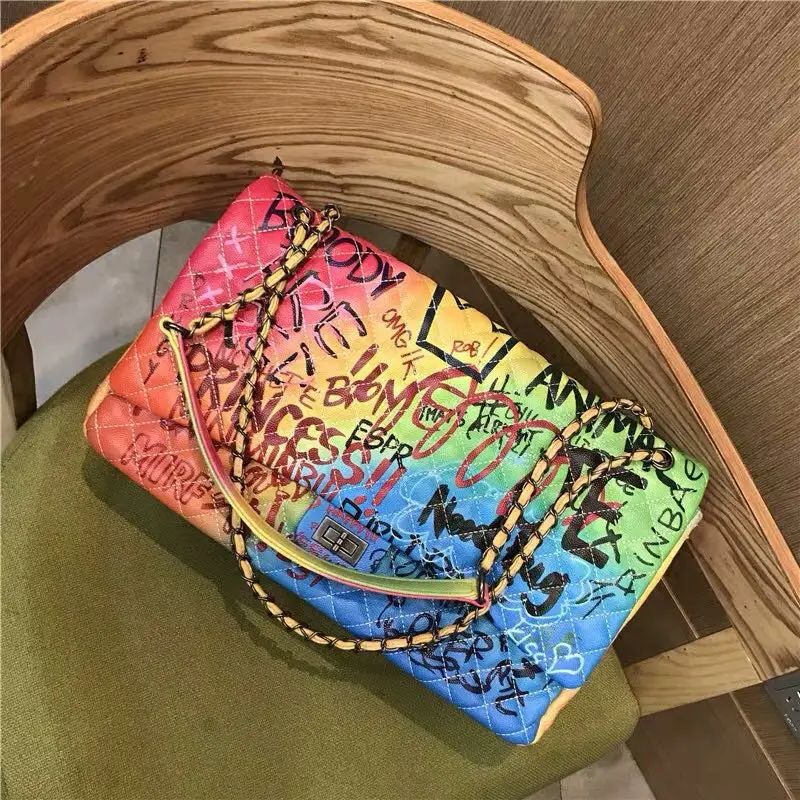 graffiti bag women Graffiti bag  rainbow bag with  big size and  pu leather  factory price shenzhen lily cheng