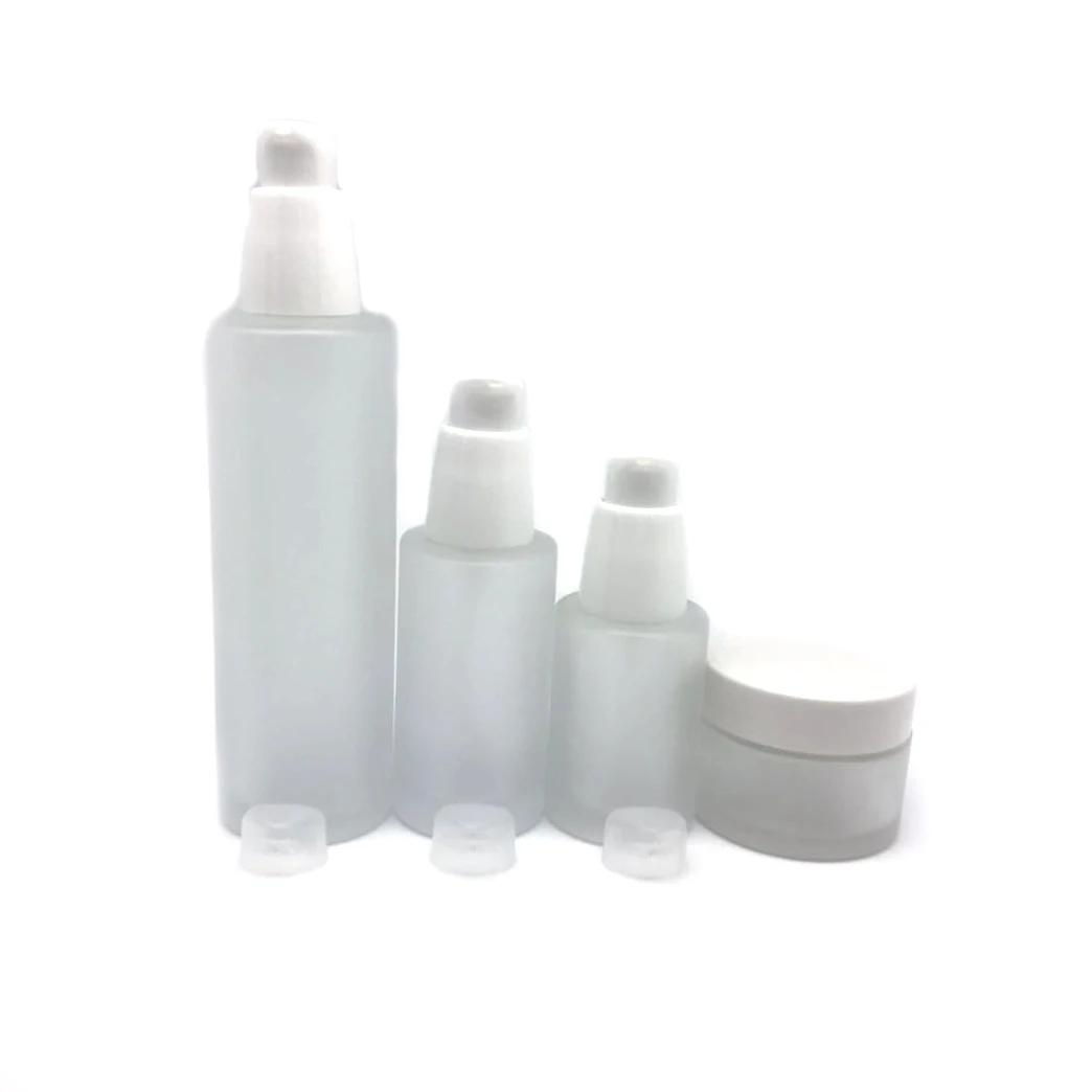 Lotion Bottles 30g Cosmetic Glass Jar in Frosted Bottle 30ml 50ml 100ml Glass with White Pump PUMP Sprayer Screen Printing