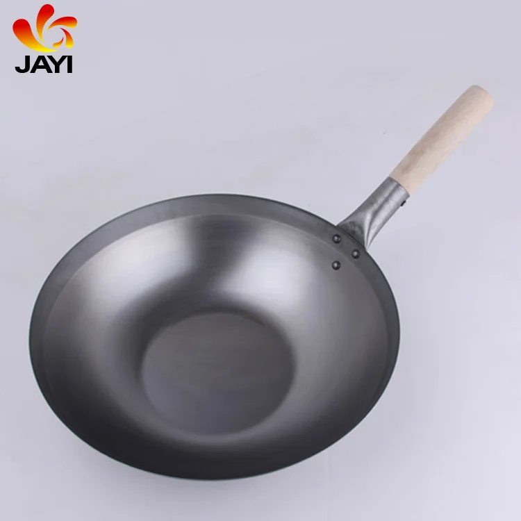 Thickness 1.0mm Chinese Carbon Steel Machine Made Wok With Single Wood Handle