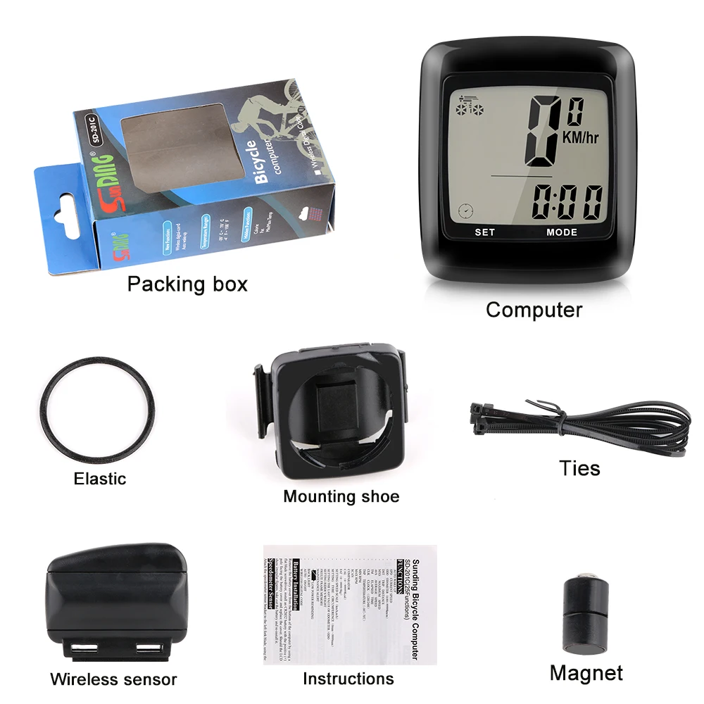 SUNDING SD-201C Bicycle Computer Wireless Bike Computer Rainproof Speedometer Odometer Luminous Temperature Bike Speedometer