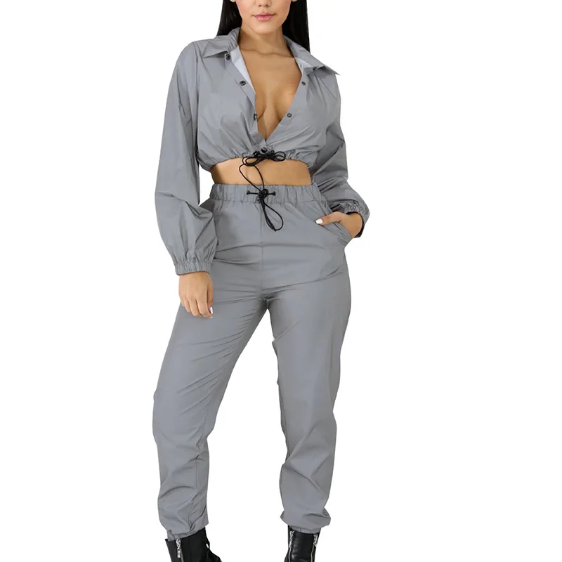 Womens Reflective Jacket Two Piece Set Drawstring Crop Top And Pants Hip Hop Club Festival Outfit Tracksuit Joggers Suit