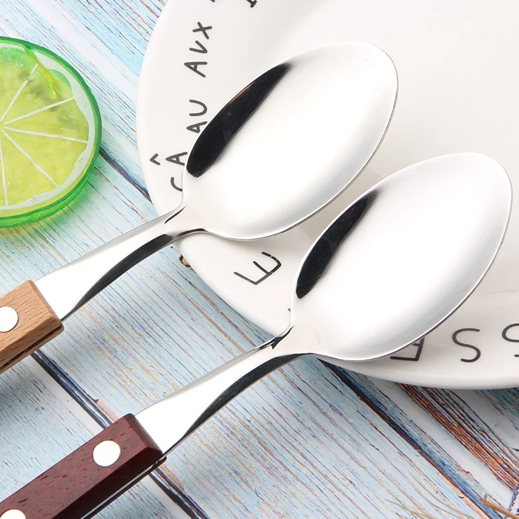 stainless steel silver restaurant hotel spoon fork flatware set with wooden handle