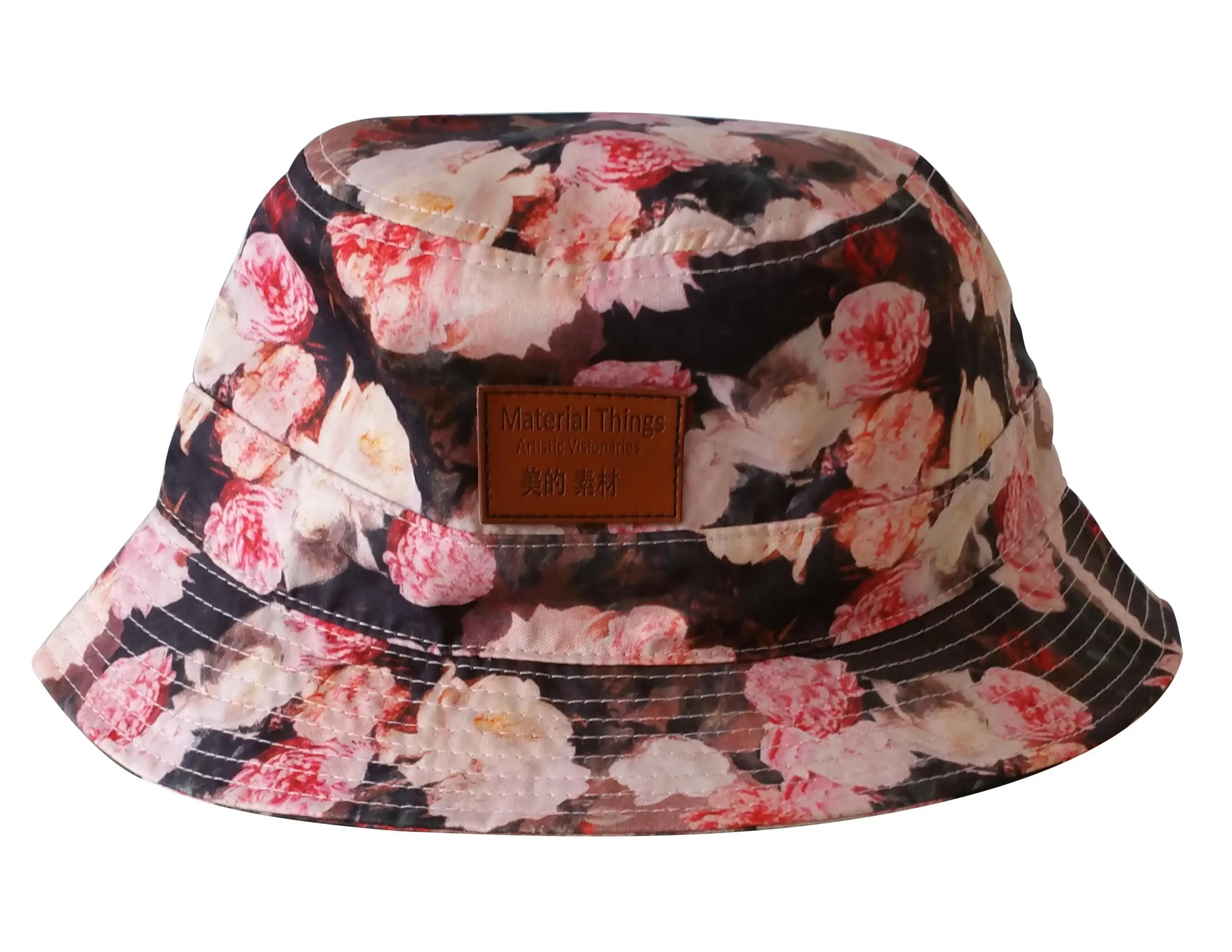 Popular Unisex New Print Floral Printing Bucket Hat, Custom Brown Leather Patch Logo Bucket Hat Cap Customize Floral Bucket Hats