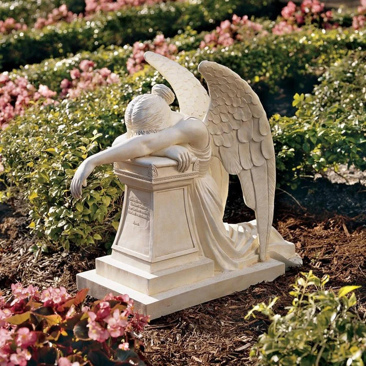 Hand carved customized marble angel cemetery statues with a garland for outdoor decoration
