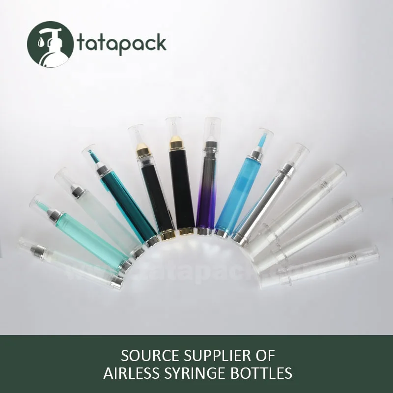 
Silver and Transparent PETG 10ml Airless Syringe Bottle for Cosmetic Packaging, Syringe Shaped Container with Foil Hot Stamping 