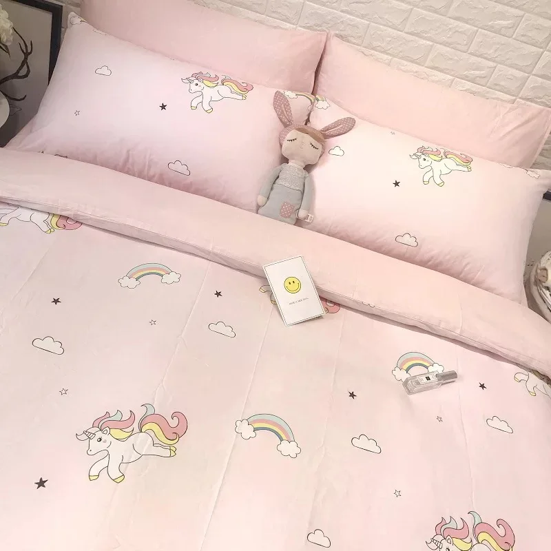 
High quality comfortable reactive printing 100% cotton 4pcs bedding set pink twin unicorn printed kids bed sheet set 