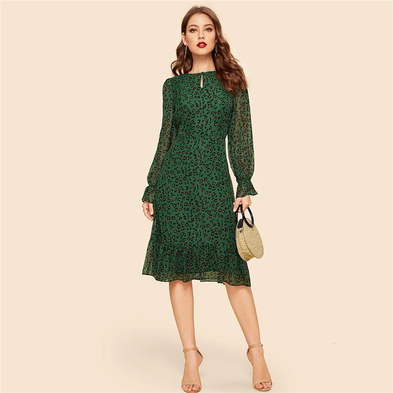 Vintage Keyhole Neck Flounce Sleeve Leopard Dress Elegant Fit and Flare Dress 2019 Spring Ladies High Waist Midi Dress
