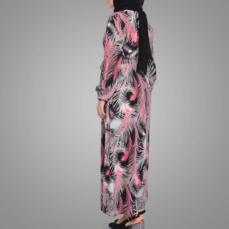 Flower Muslim Kaftan Dress Latest Burqa Design Long Sleeve Print Abaya Islamic Maxi Dress With Belt