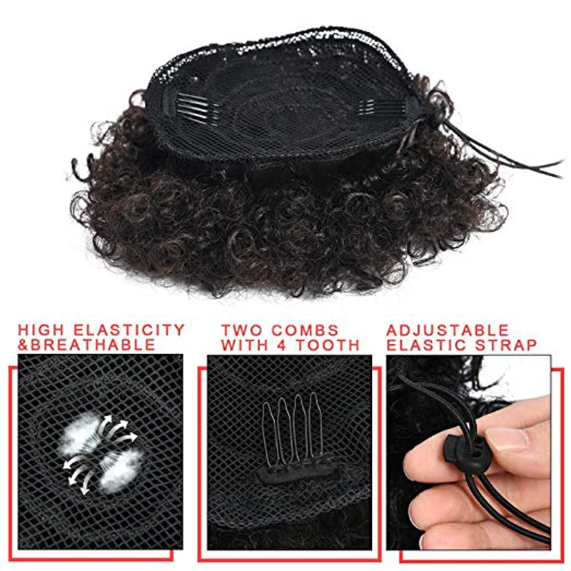 
Afro Kinky Curly Hair Bun Wrap Drawstring High Puff Ponytail Short Updo for Natural Hair With 2 Clips #4 