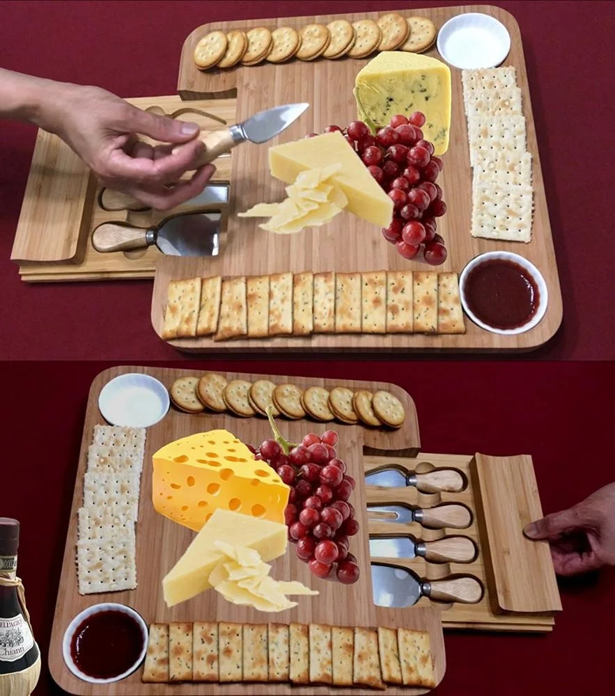 Cheese Board and Knife Set w/2 Bowl  Bamboo Charcuterie Platter & Serving Tray for Cheese,Wine, Crackers, Brie and Meat