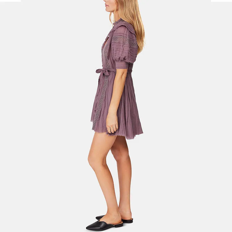 women Sydney Lace Pintucked Dress short sleeves straight hem Button front closure self-tie belt ruffles over shoulders dress