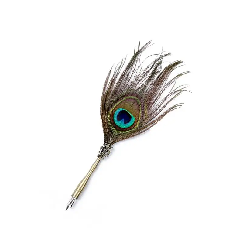 Vintage peacock feather dip pen feather fountain ink pen with copper pen body