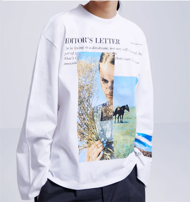 
Wholesale Printed Round Neck Long Sleeves women tops Ribbed hem plus size casual Women T-shirt 