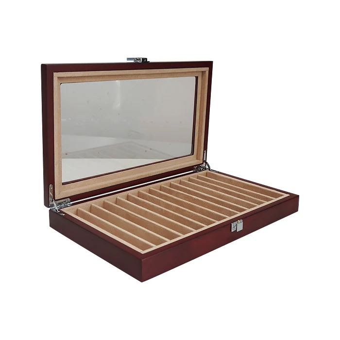 High end woodgrained wooden pen case suede interior ballpoint pen packaging wooden box for cigarette storage with acrylic window