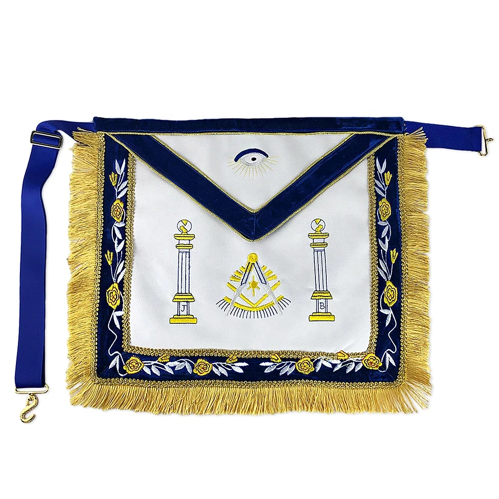 
In Stock Embroidered Freemason Regalia Masonic Past Master Leather Apron With Velvet And Golden Tassels 