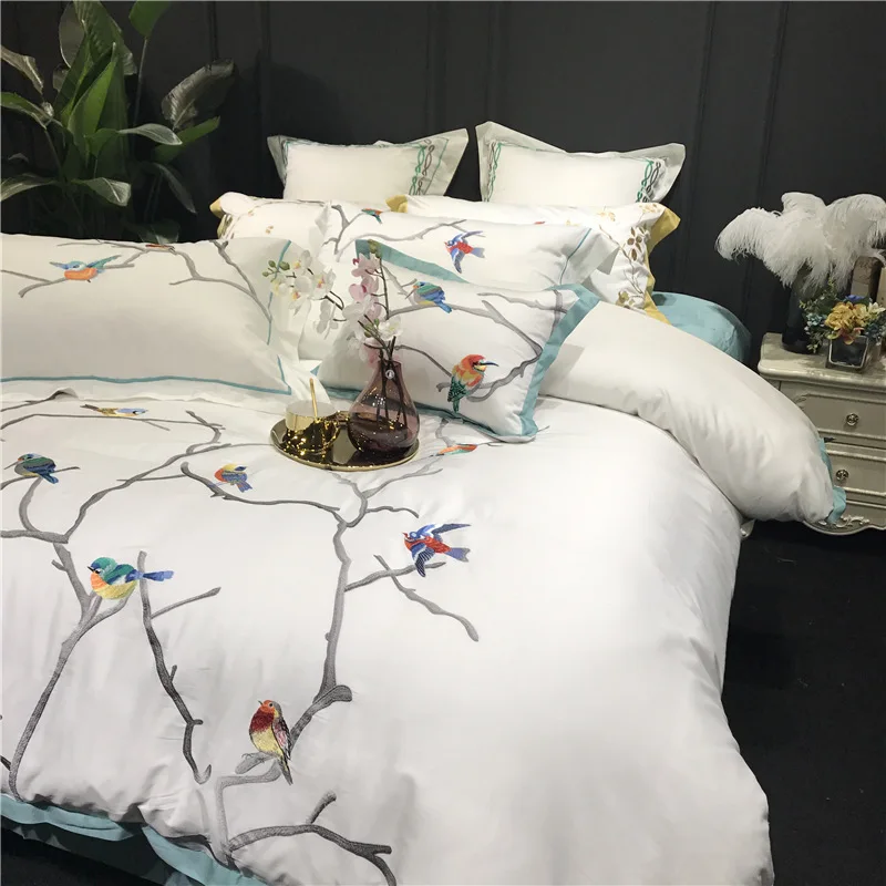Bird embroidered bedding sheet sets 100% cotton