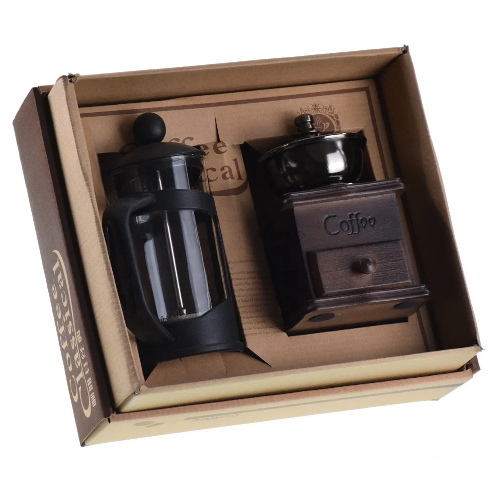 T1000 Kitchen Accessories Wholesale Amazon Coffee Accessories Gift Box Wood Coffee Grinder+ 350ml Glass French Press