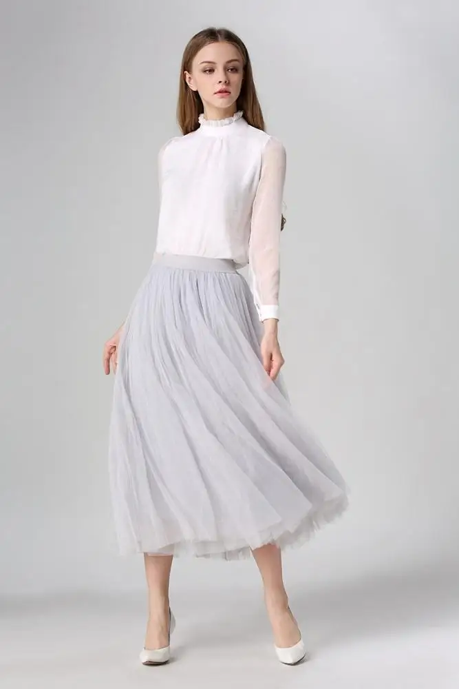 Fashion Ladies Stylish Elastic High Waisted Pleated A-line Mid-calf Tulle skirts