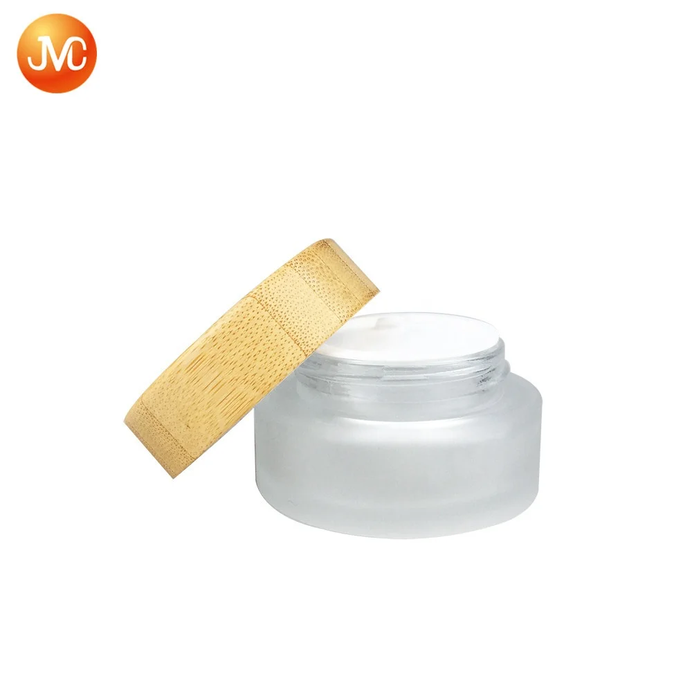 
Custom Makeup Skin Care Lotion Pot Cosmetic Container Frosted Glass Cream Jar with bamboo Lid 