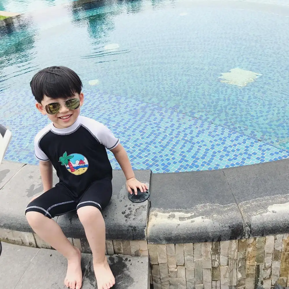 Beach Boys One-Piece Swimwear For Children With Cartoon Character + Cap Boys Swimwear Kids Swim Trunks Baby Swimming Swimsuit