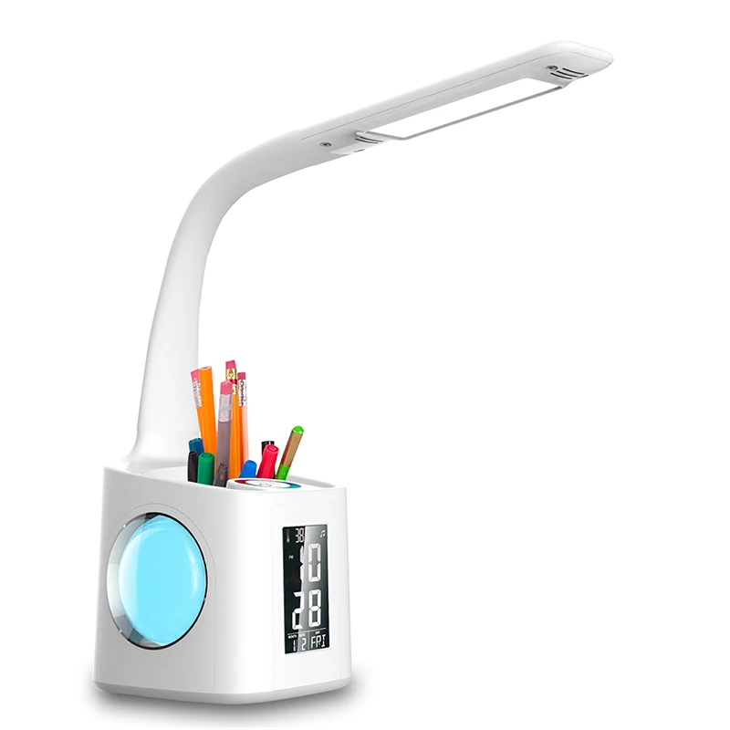 Contemporary rechargeable adjustable pen holder led light desk lamp with alarm clock