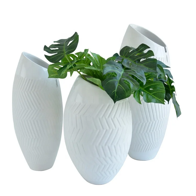 Рефракционная линия рифленая поверхность гостиницы большая белая ваза/большие китайские керамические напольные вазы