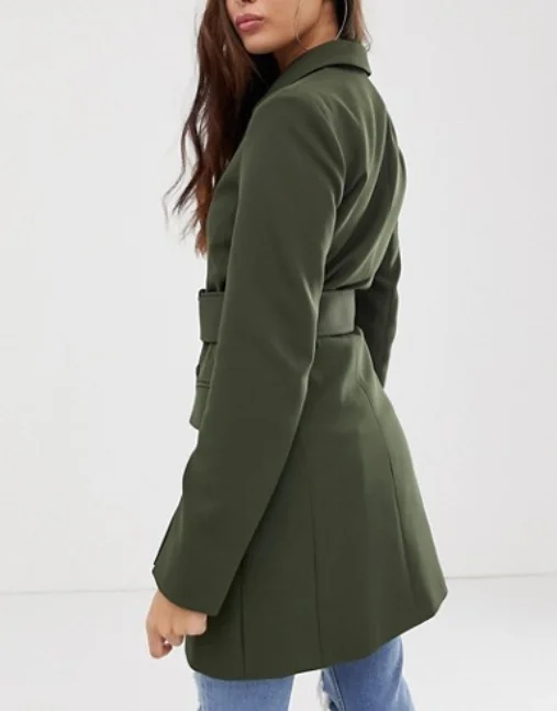 women utility longline belted double breasted blazer in military green