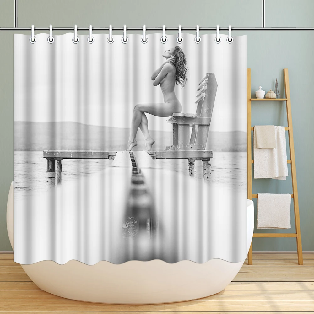 Sexy Girl Ocean Landscape Picture Shower Curtain Nude Woman Bath Curtain Black and White Bathroom Decor 1.8mx1.8m
