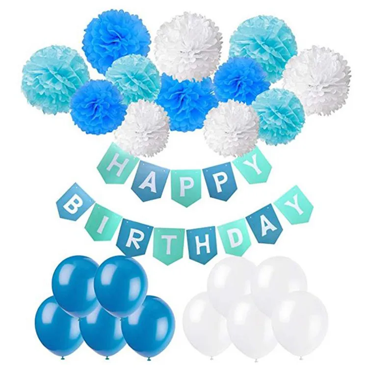 
Happy Birthday Flags Colorful Paper Pompom Balls Balloons Princess Birthday Party Kids Supplies Set 