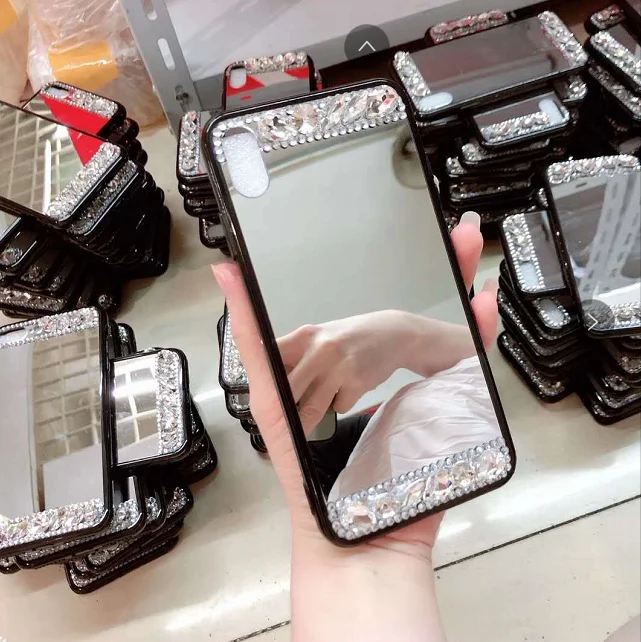 
Mirror Case for Women Girls Make up, Glitter Diamond Ultra-Thin Mirror TPU Back Protect Case For Iphone 8 Case 