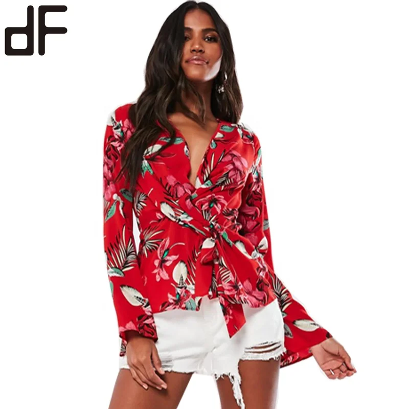 Custom Long Sleeve Blouse For Women Casual Fashion Office Ladies Wear Blouse V Neck Modern Red Floral Blouse