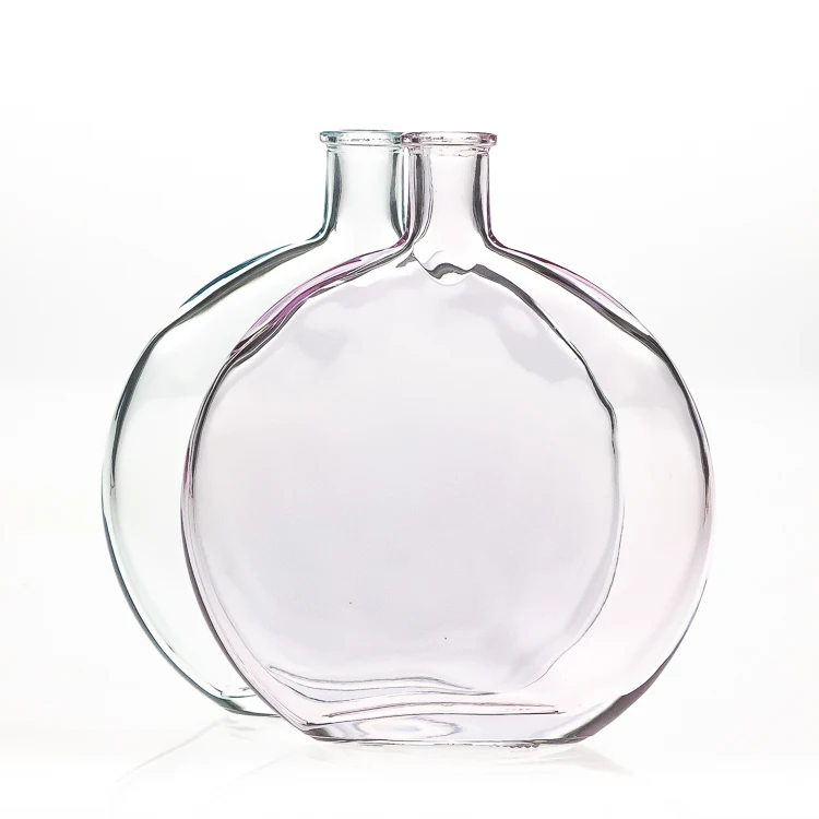 New Design 540ml 18oz Flat Round Clear Pink Aroma Diffuser Bottle Crystal Glass Vase with Reed Stick Flower
