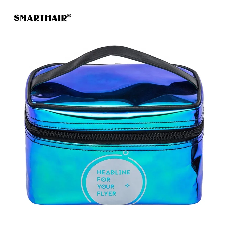 
Korean Blue Custom Make Up Holographic Makeup Bag Hologram With Glitter Zipper Rainbow Iridescent TPU Cosmetic Bag Wholesale 